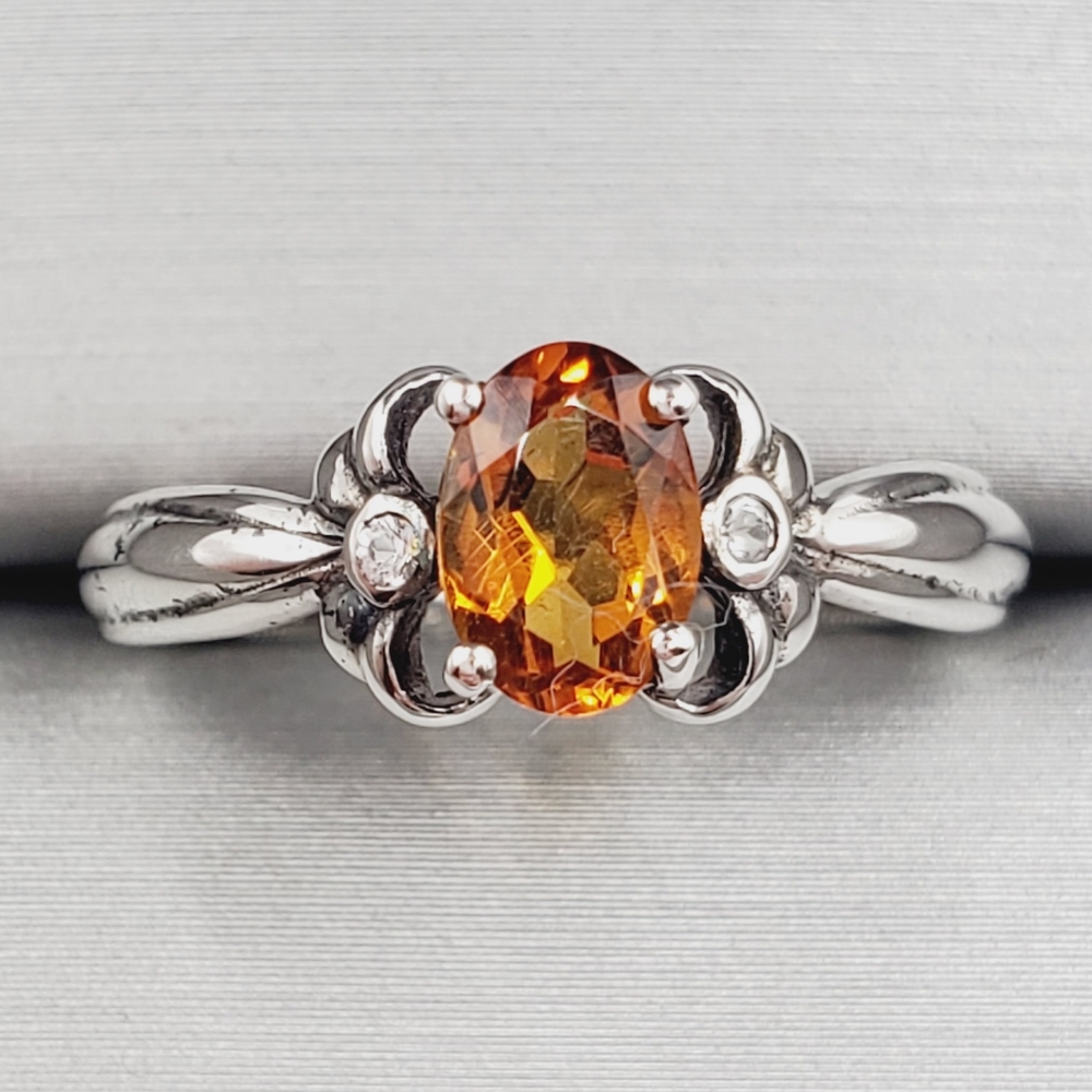 Genuine Oval Citrine & Round White Topaz 925 Sterling Silver Ring